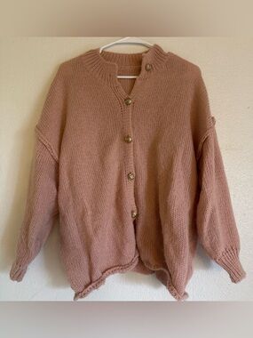 Chunky Blush Pink Button-Front Women's Sweater Cardigan